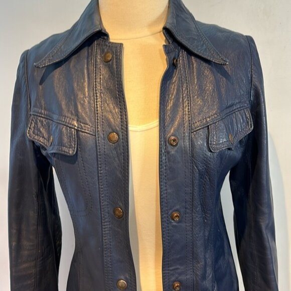 marquis of london Jackets & Blazers - Vintage blue leather jacket snap closure shirt style fitted size S/M by Marquis